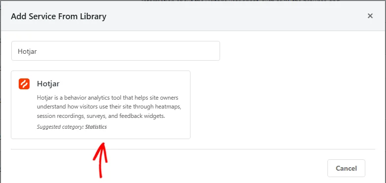 The service library filtered to a single Hotjar entry showing its description and suggested category, with an arrow pointing at the entry