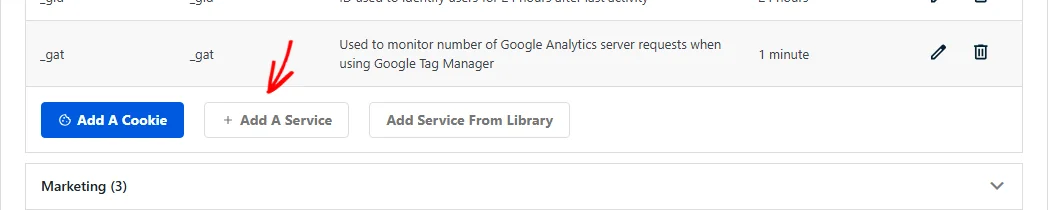 The button row at the bottom of an expanded category, with an arrow pointing at the Add A Service button