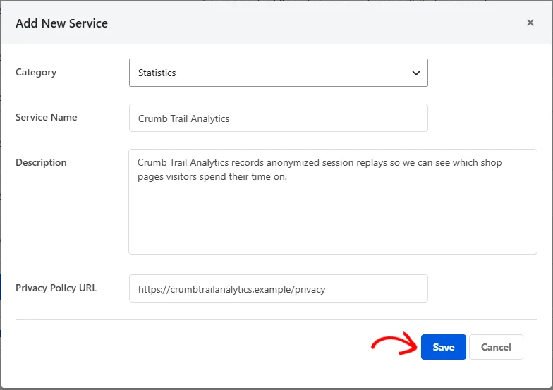 The Add New Service overlay with Category set to Statistics, a service name, a description, and a privacy policy URL filled in, and an arrow pointing at the Save button