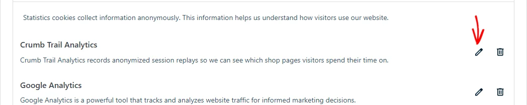 An arrow pointing at the pencil icon at the right of a service block in the Statistics category