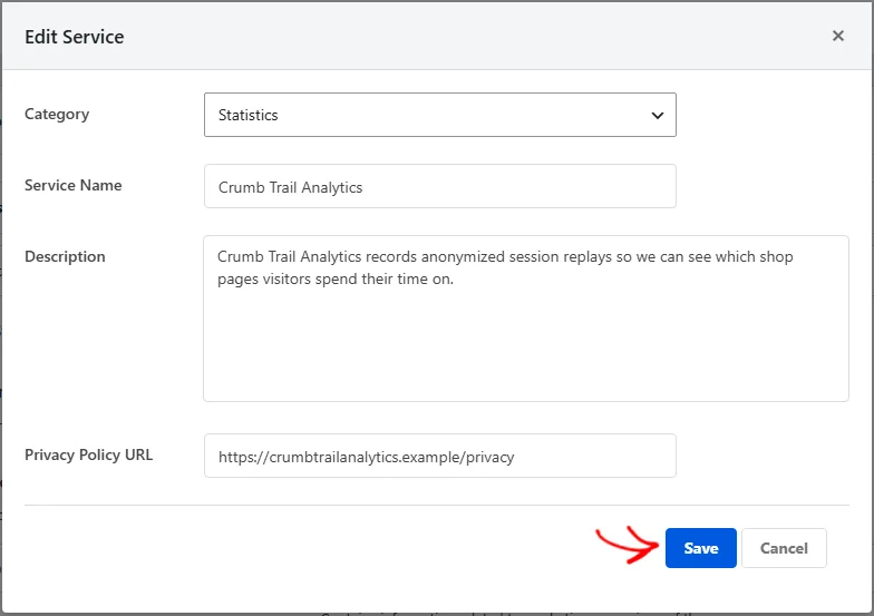 The Edit Service overlay with the category, service name, description, and privacy policy URL already filled in, and an arrow pointing at the Save button