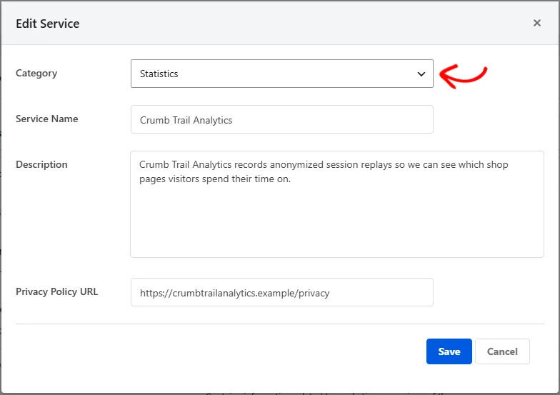 The Edit Service overlay with an arrow pointing at the Category dropdown, which is set to Statistics