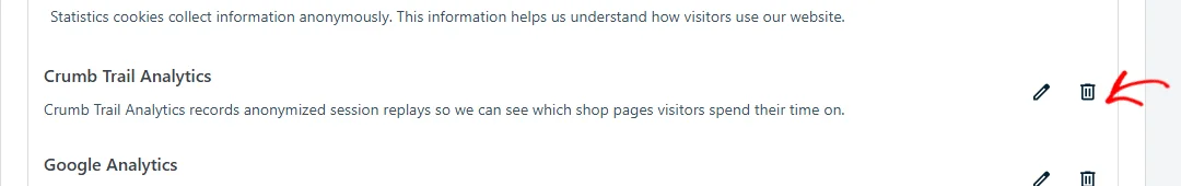 An arrow pointing at the trash icon at the right of a service block in the Statistics category