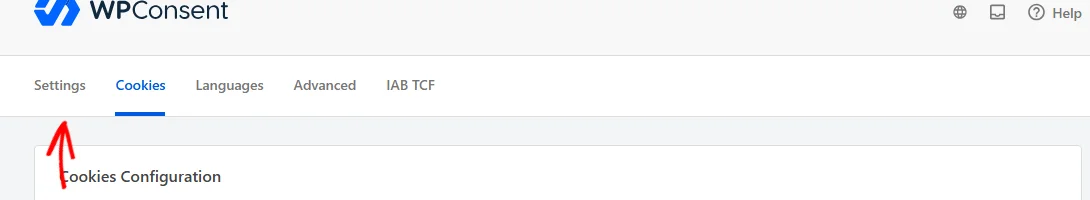 An arrow pointing at the Settings tab in the WPConsent settings tab row
