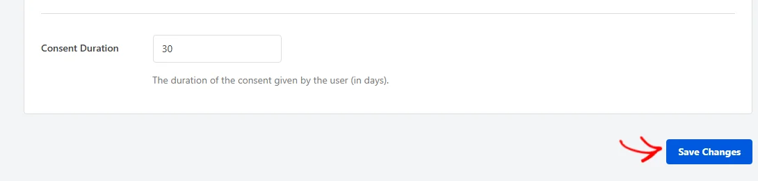 The bottom of the Cookies Configuration panel with an arrow pointing at the Save Changes button