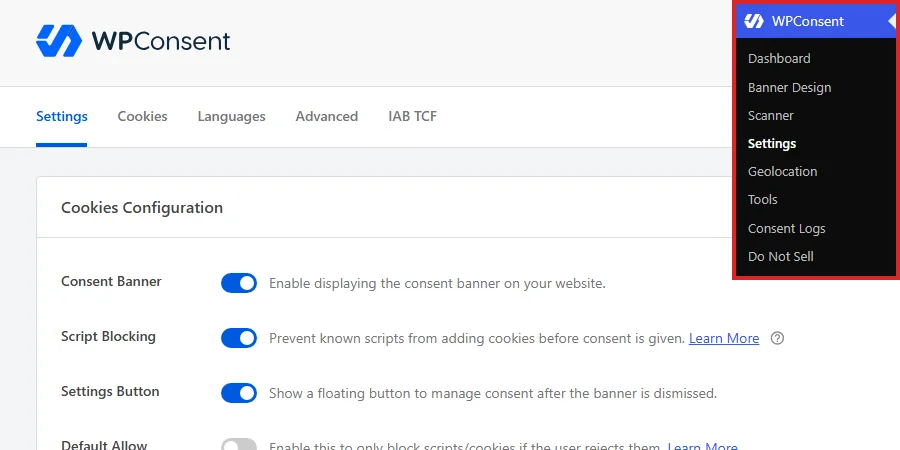 Die Admin-Seitenleiste von WordPress mit ausgewählten Einstellungen unter dem Menü WPConsent