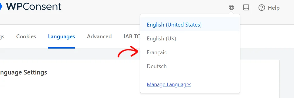 Die Sprachauswahl ist im WPConsent-Header geöffnet, mit einem Pfeil, der auf den Eintrag Français zeigt