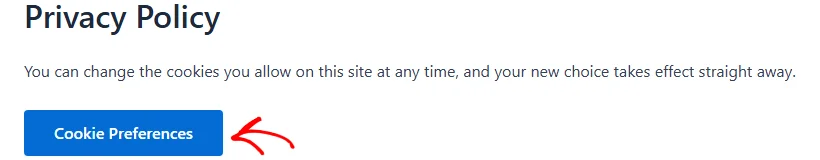 Un botón de Preferencias de cookies en una página publicada de WordPress, con una flecha apuntando hacia él