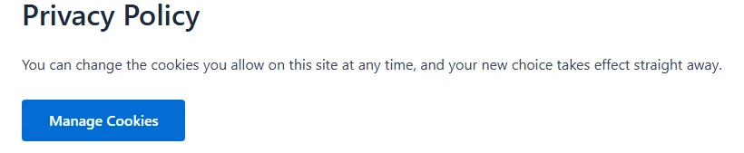 Un botón de Gestionar cookies en una página publicada de WordPress, producido por el atributo de texto del shortcode