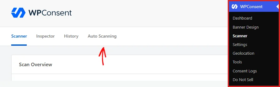 The WordPress admin sidebar with Scanner selected under the WPConsent menu, and an arrow pointing at the Auto Scanning tab in the Scanner tab row