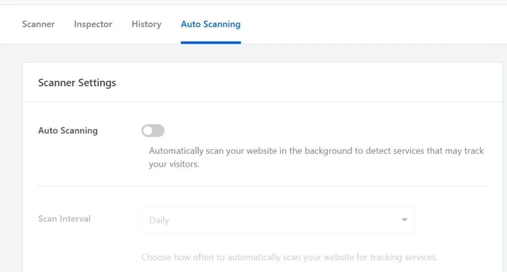 The Auto Scanning tab showing the Scanner Settings panel with the Auto Scanning toggle switched off and the Scan Interval row greyed out below it