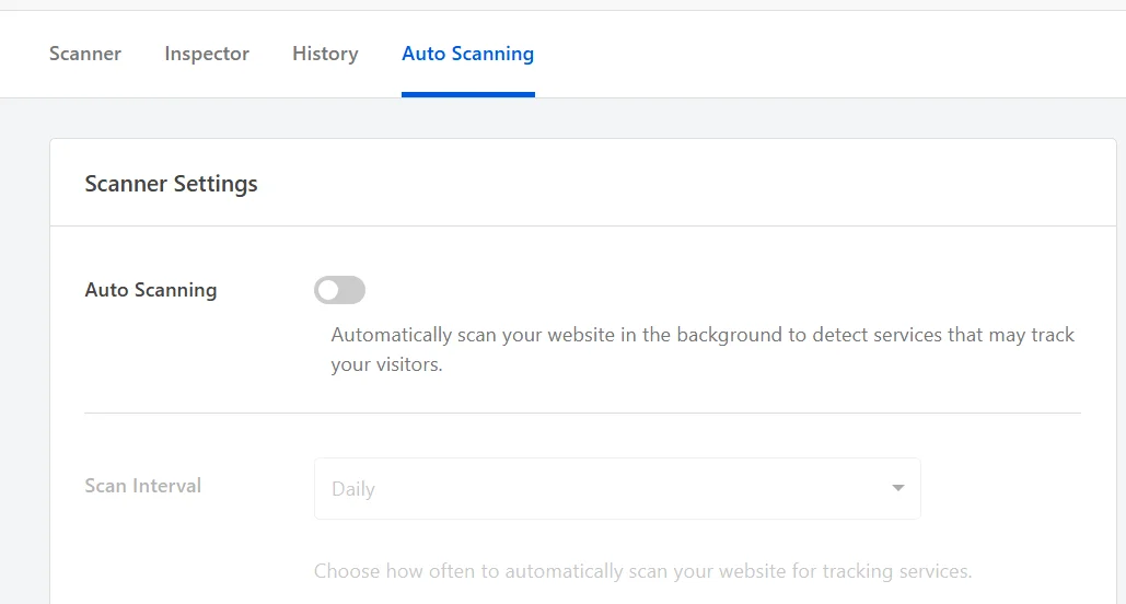 The Auto Scanning tab showing the Scanner Settings panel with the Auto Scanning toggle switched off and the Scan Interval row greyed out below it