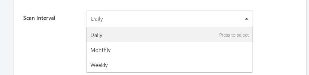 The Scan Interval dropdown open, listing Daily, Monthly, and Weekly