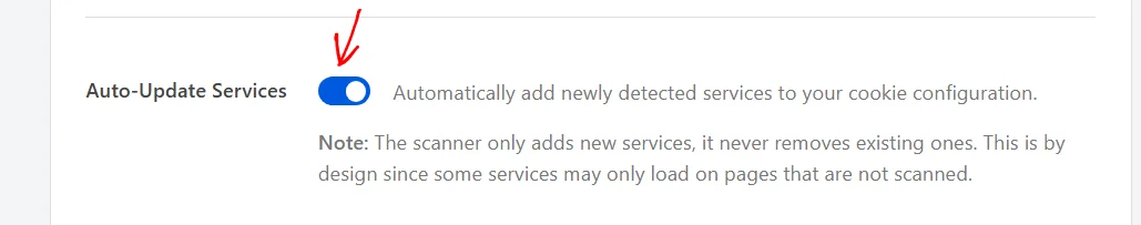 An arrow pointing at the Auto-Update Services toggle, switched on, above a note explaining that the scanner only adds new services and never removes existing ones