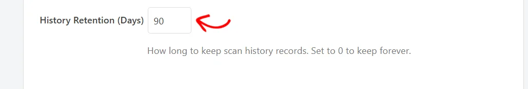 An arrow pointing at the History Retention field showing 90, above a note that 0 keeps records forever