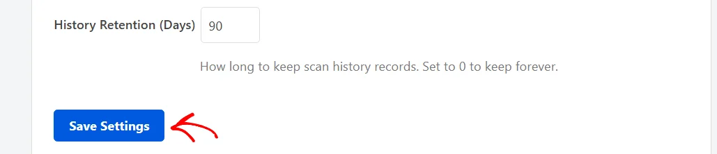 An arrow pointing at the Save Settings button at the bottom of the Scanner Settings panel