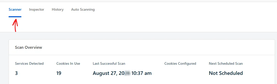 An arrow pointing at the Scanner tab, with the Scan Overview row below it and the Next Scheduled Scan cell reading Not Scheduled