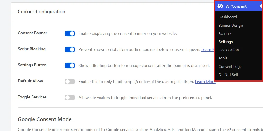 Abrir Ajustes desde el menú de WPConsent en la barra lateral de administración de WordPress
