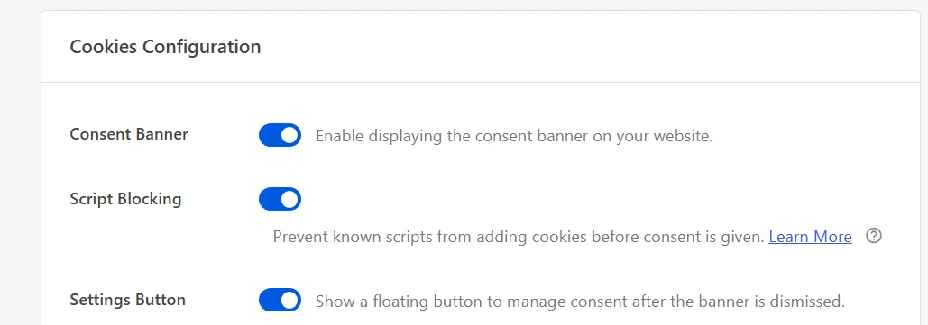 El panel Configuración de cookies en la parte superior de la pestaña Ajustes de WPConsent, con las filas Banner de consentimiento y Bloqueo de scripts