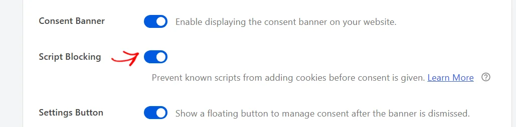 El selector Bloqueo de scripts activado en el panel Configuración de cookies