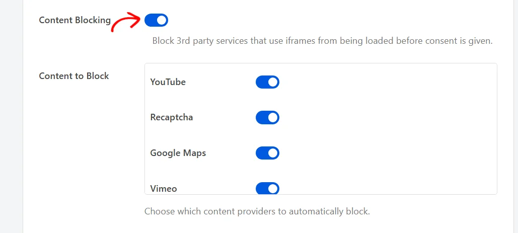 El selector Bloqueo de contenido activado, con la lista Proveedores de contenido a bloquear debajo