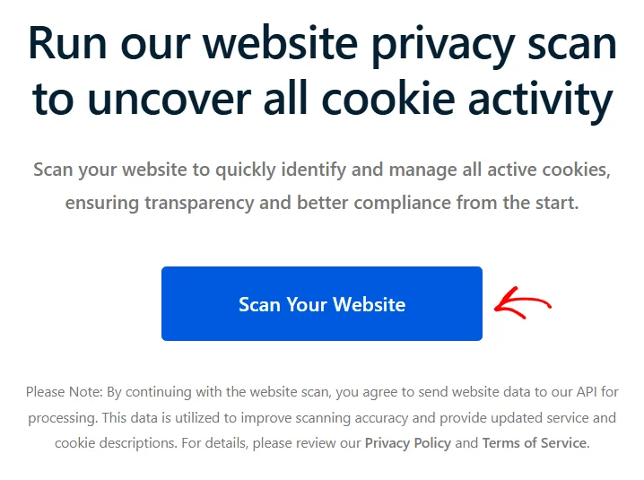 The scan screen of the setup wizard with a red arrow pointing at the Scan Your Website button, and the API notice below it