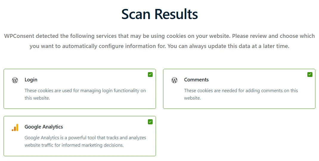 The Scan Results screen listing three detected services, Login, Comments, and Google Analytics, each with a selected checkbox
