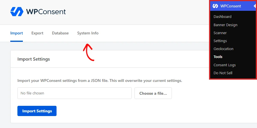 The WordPress admin sidebar with Tools selected under the WPConsent menu, and an arrow pointing at the System Info tab in the Tools tab row