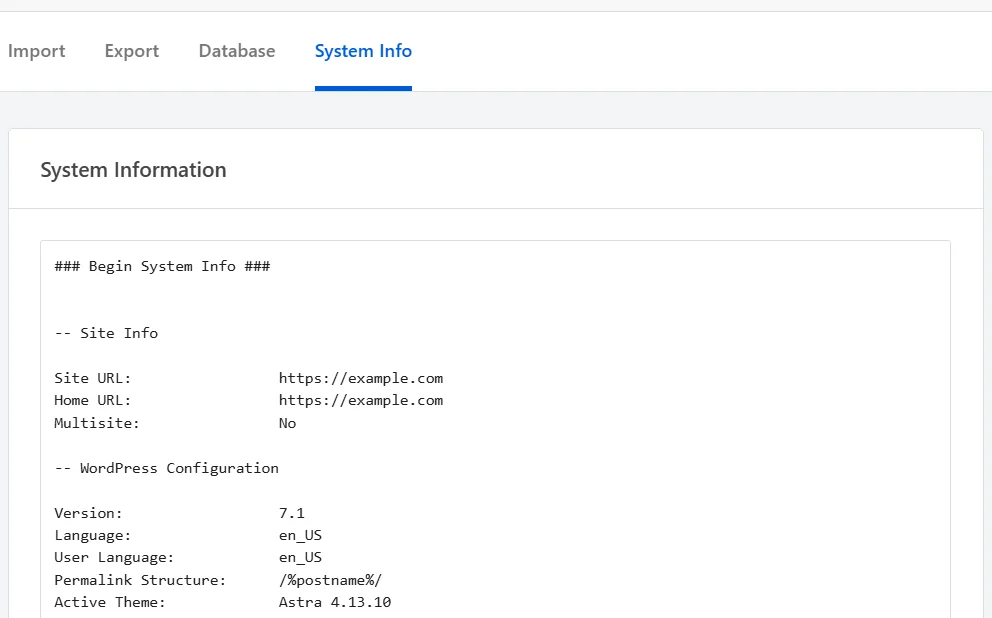 The System Info tab of WPConsent Tools, with the System Information panel open and the top of the report showing inside its text box