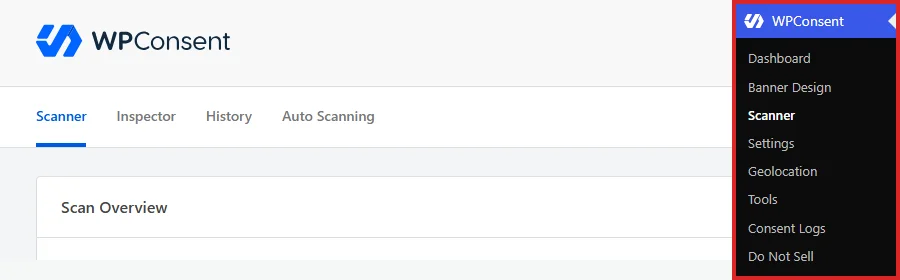 The WordPress admin sidebar with Scanner selected under the WPConsent menu, and the Scanner page tab row below the WPConsent logo