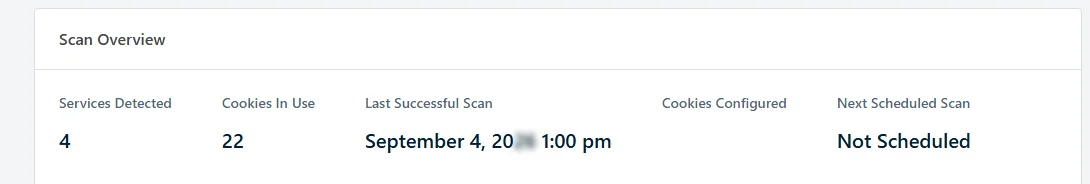 The Scan Overview row showing Services Detected, Cookies In Use, Last Successful Scan, Cookies Configured, and Next Scheduled Scan