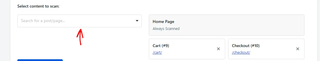 The Select content to scan area with an arrow pointing at the page search field, and the already selected page cards beside it