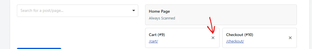 The selected page cards with an arrow pointing at the remove icon on one of them