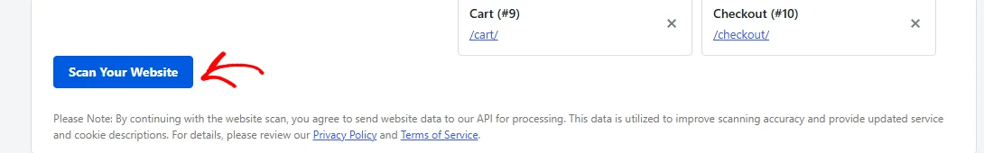 An arrow pointing at the Scan Your Website button, with the data handling note printed below it