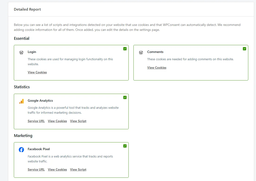 The Detailed Report listing four detected services grouped under the Essential, Statistics, and Marketing category headings