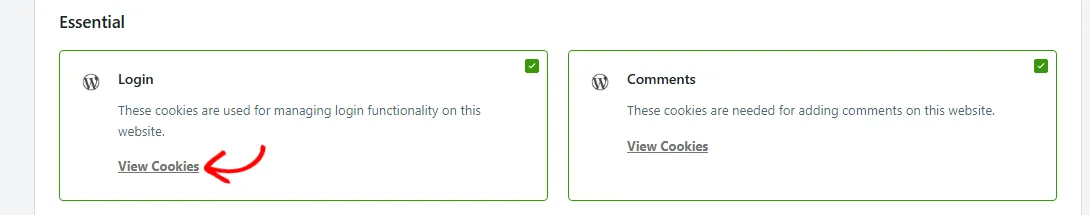 An arrow pointing at the View Cookies link on the Login service card in the Essential category