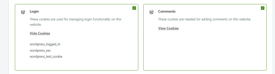 The Login service card expanded to list the three cookie names it sets, with its link now reading Hide Cookies