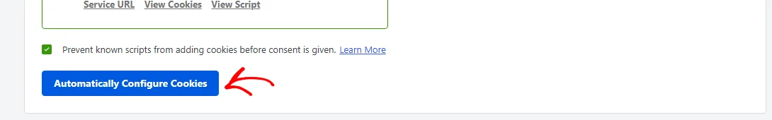 An arrow pointing at the Automatically Configure Cookies button below the script blocking checkbox
