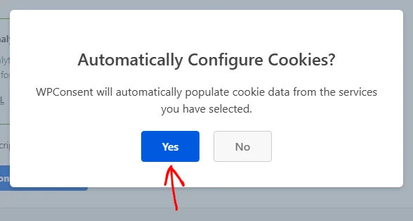 The Automatically Configure Cookies confirmation overlay with an arrow pointing at the Yes button