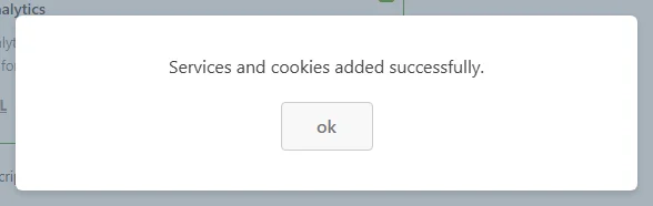 The overlay confirming that services and cookies were added successfully, with its OK button below the message