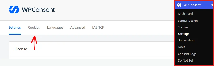 The WordPress admin sidebar with Settings selected under the WPConsent menu, and an arrow pointing at the Cookies tab in the settings tab row