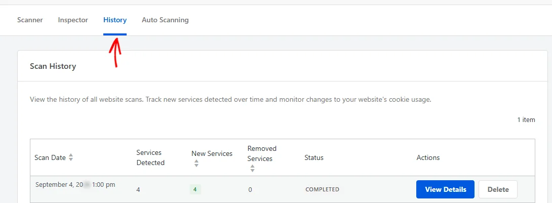 The Scan History table with a single completed scan row showing its date, services detected, new and removed service counts, status, and the View Details and Delete buttons