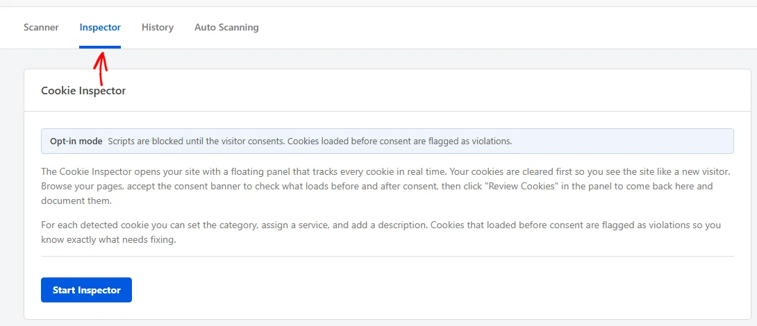 An arrow pointing at the Inspector tab, with the Cookie Inspector panel below it showing an opt-in mode badge, an explanation of how the Inspector works, and the Start Inspector button