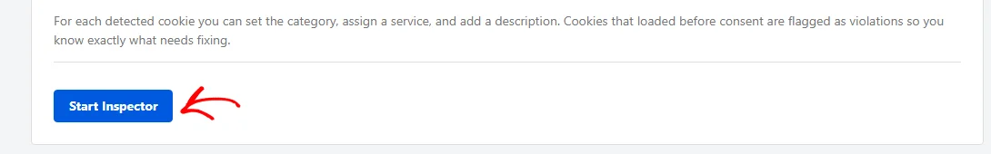 An arrow pointing at the Start Inspector button below the explanation on the Cookie Inspector panel