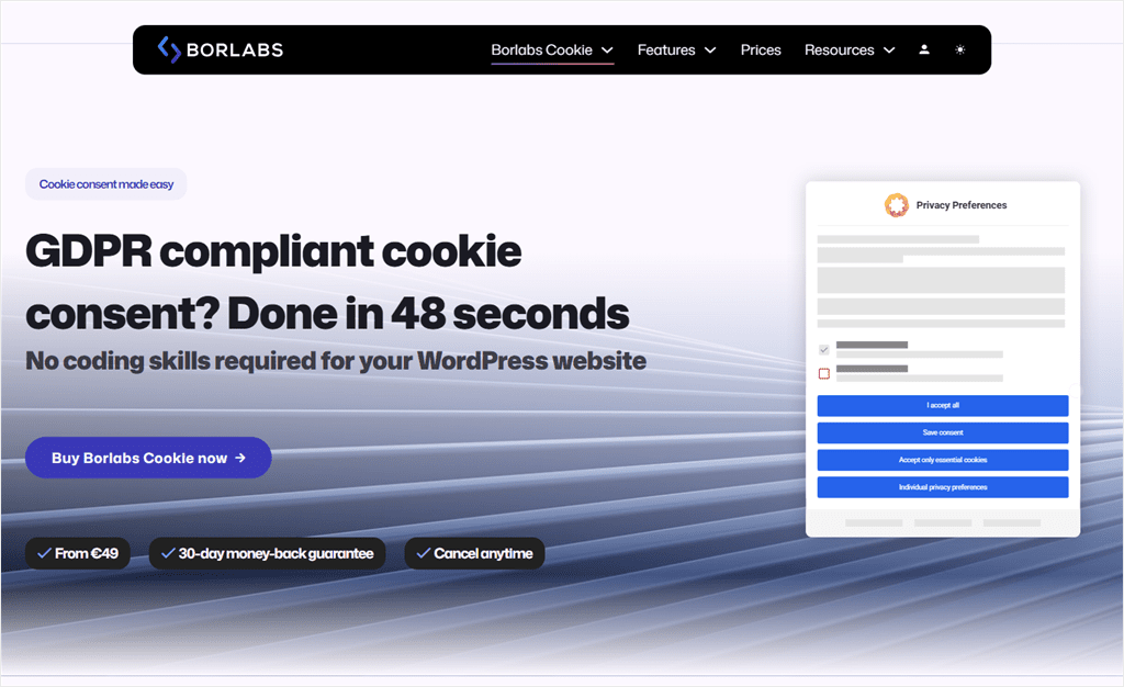 The Borlabs Cookie homepage, which promises cookie consent set up in 48 seconds.