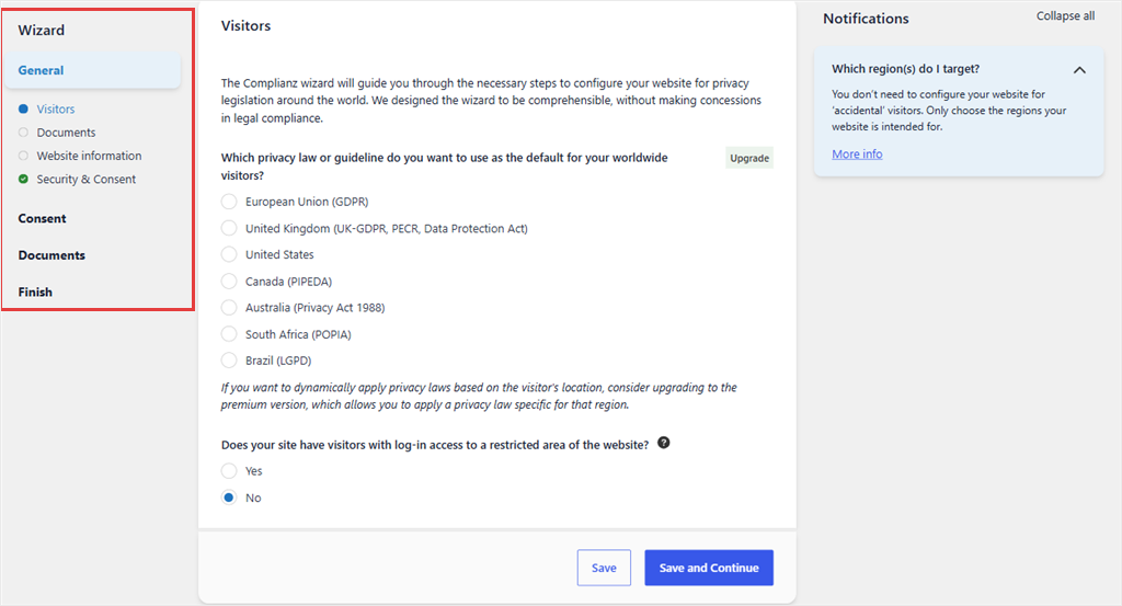 The Complianz setup wizard on its first step, asking which privacy law to use, with the wizard's step list on the left.