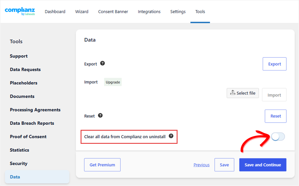 The Complianz Tools Data screen with the Clear all data from Complianz on uninstall toggle switched off.