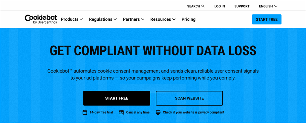 The Cookiebot homepage, headlined Get Compliant Without Data Loss.