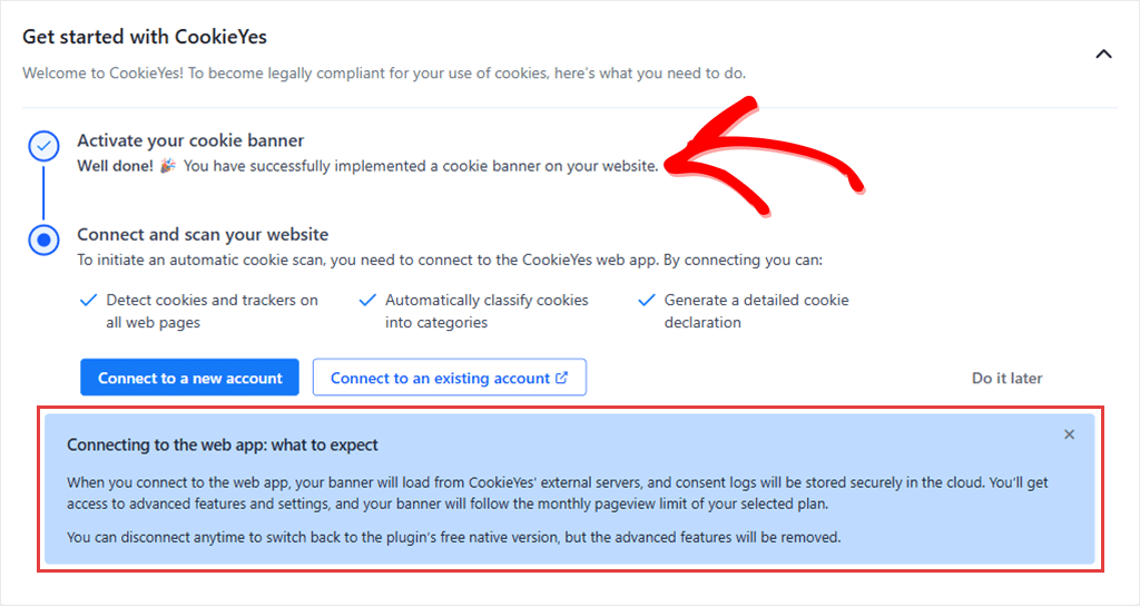 The CookieYes dashboard showing the banner as active and a prompt to connect to the CookieYes web app to scan the site.