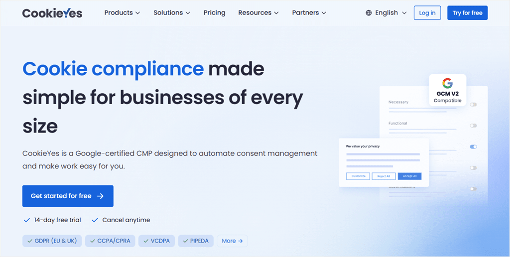 The CookieYes homepage, headlined Cookie compliance made simple for businesses of every size.